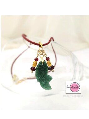 Collar Genuine Green Jade FISH Garnet Leather Cord